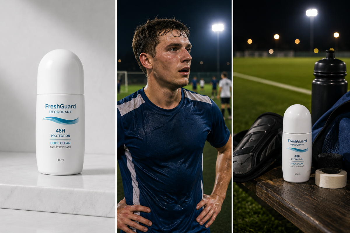 Image 2 reference board for the football deodorant ad, including product hero, sweaty player on pitch, and sideline bench scene