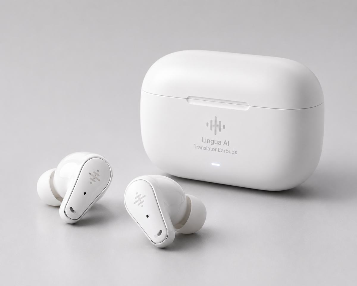 Original AI translator earbuds product photo for the football crowd chant ad
