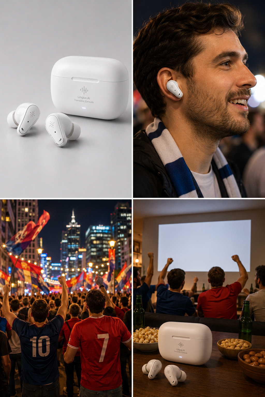 Image 2 reference board for the AI translator earbuds football fan ad, including product views, fan-zone scene, and watch-party scene