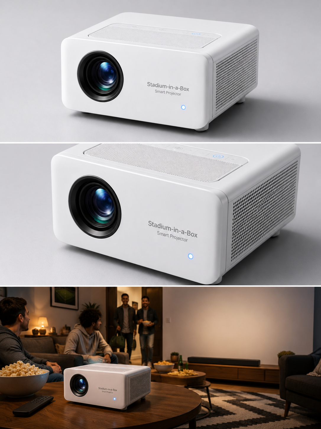 Image 2 reference board for the smart projector football watch-party ad, including product angles and living-room scene