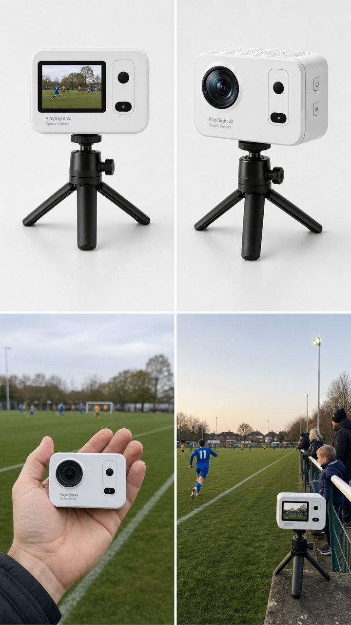 Image 2 reference board for the AI sports camera football ad, including front and side product views, hand-held scale check, and local pitch scene