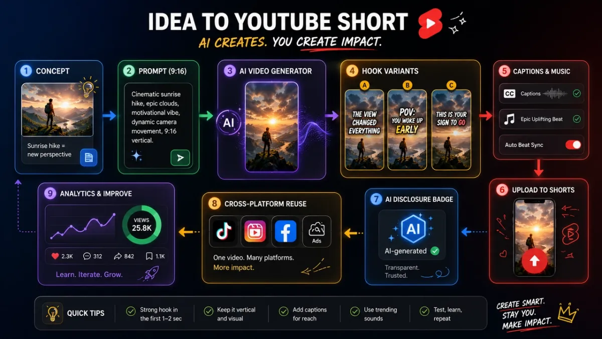 AI 비디오 생성기에서 YouTube Shorts까지의 워크플로: 콘셉트, 9:16 프롬프트, 비디오 생성, hook 변형, 자막과 음악, Shorts 업로드, 게시 전 검토, 크로스 플랫폼 재사용, 분석