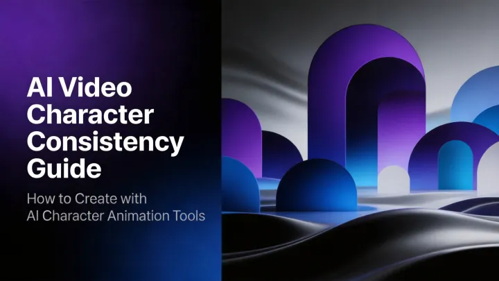 Blog-Cover: links violett-navy Verlauf mit Haupttitel AI Video Character Consistency Guide und Untertitel; rechts leuchtend blaue und violette 3D-Bogenportale auf dunklem Wellenboden