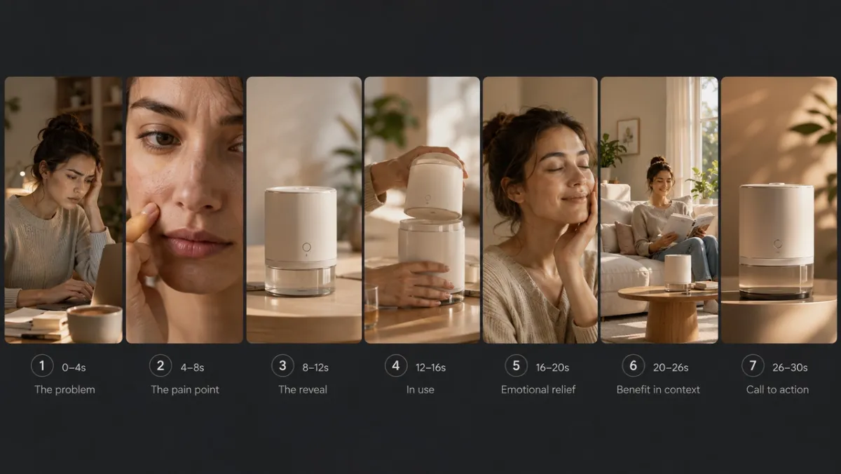 Seven-panel 30-second AI ad storyboard stress test: problem, pain point, product reveal, in use, emotional relief, benefit in context, and call to action.