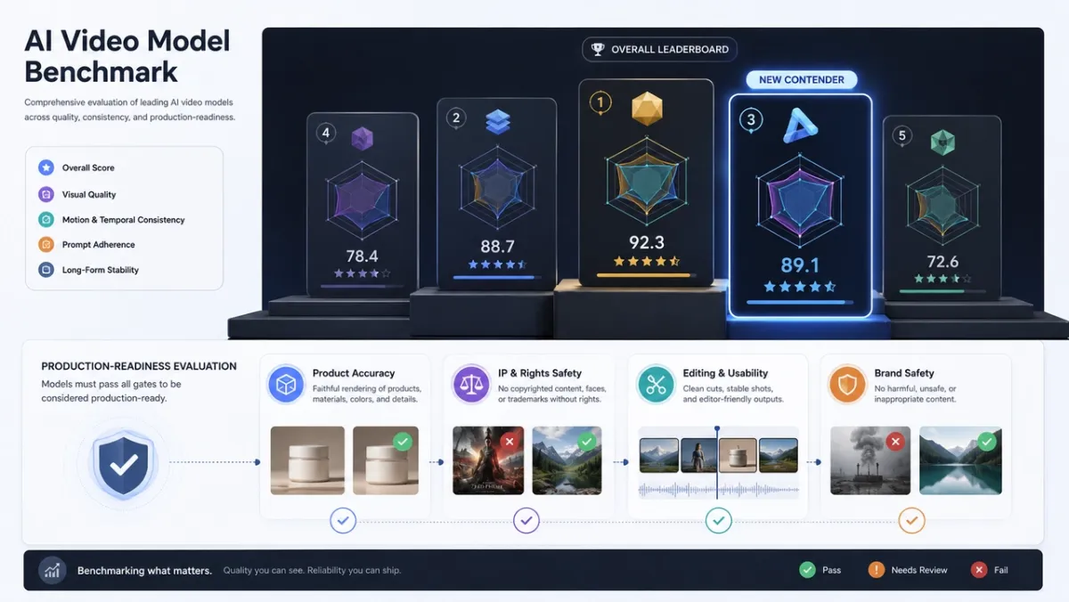 AI video model benchmark infographic: leaderboard-style scores plus production-readiness gates for product accuracy, IP and rights safety, editing usability, and brand safety.