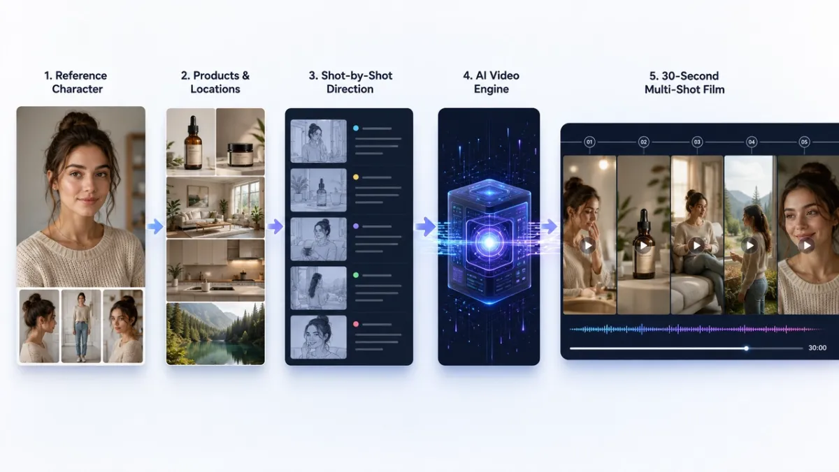 Five-step BACH AI video generator workflow: reference character, products and locations, shot-by-shot direction, AI video engine, and 30-second multi-shot film output.