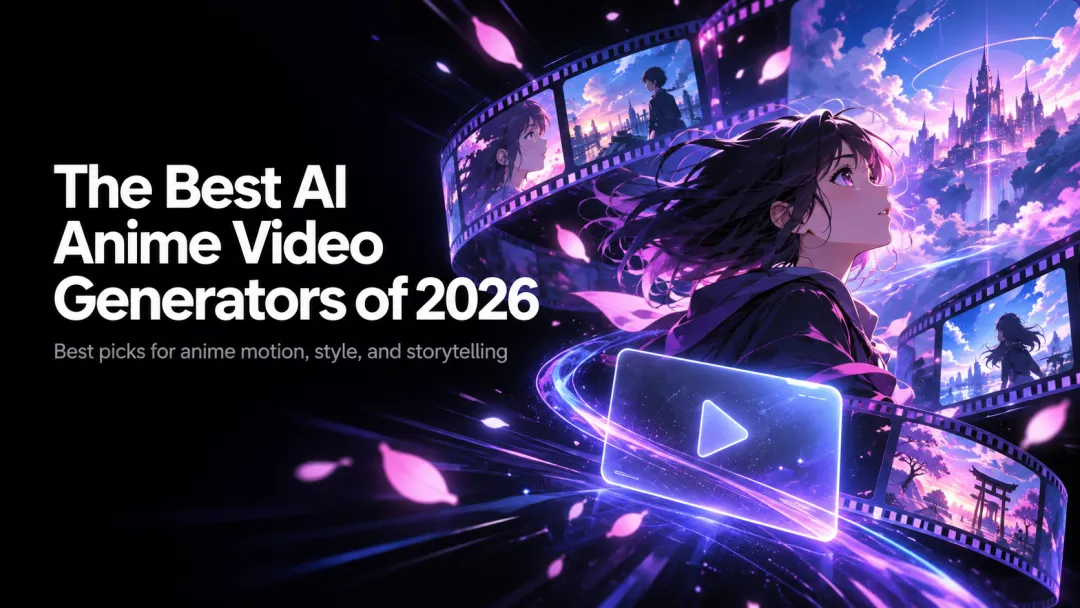 Capa sobre geradores de vídeos de anime por IA de 2026 com personagem de anime, tiras de filme e ícone de reprodução de vídeo