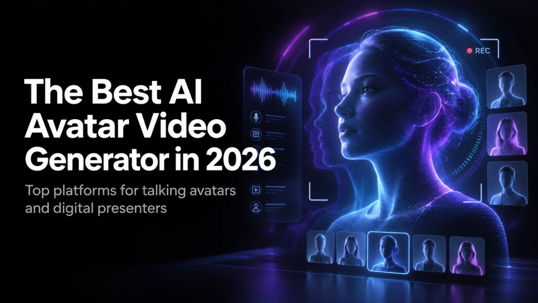 Capa de gerador de vídeos com avatar de IA de 2026, com avatar digital falante, forma de onda de áudio e cartões de perfil