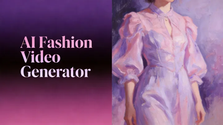 KI Fashion Video Generator Cover-Banner mit Ölgemälde-Porträt eines rüschenbesetzten Kleids in Pastellrosa und Lavendel auf lila Farbverlauf-Hintergrund