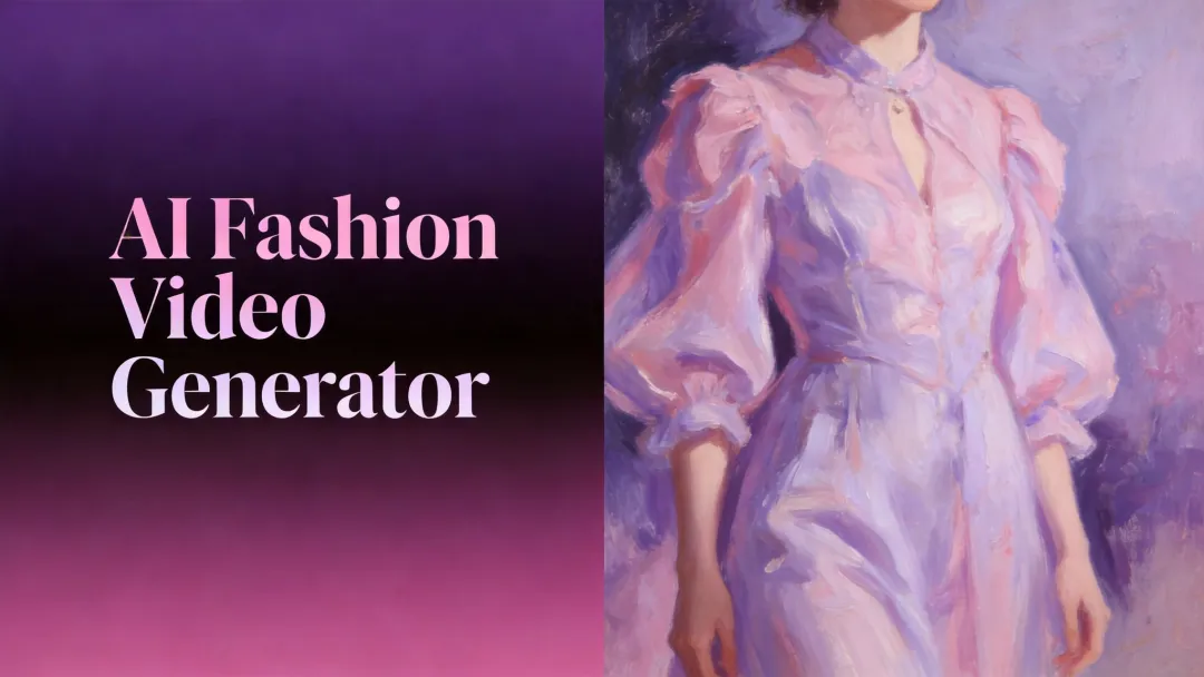 AI Fashion Video Generator cover banner with pastel pink and lavender oil-painted ruffled dress portrait on purple gradient background
