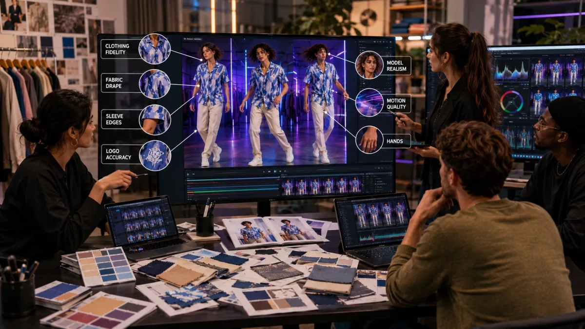 AI fashion video generator evaluation matrix: clothing fidelity, fabric drape, sleeve edges, logo accuracy, model realism, motion quality, and hands review callouts on studio monitor