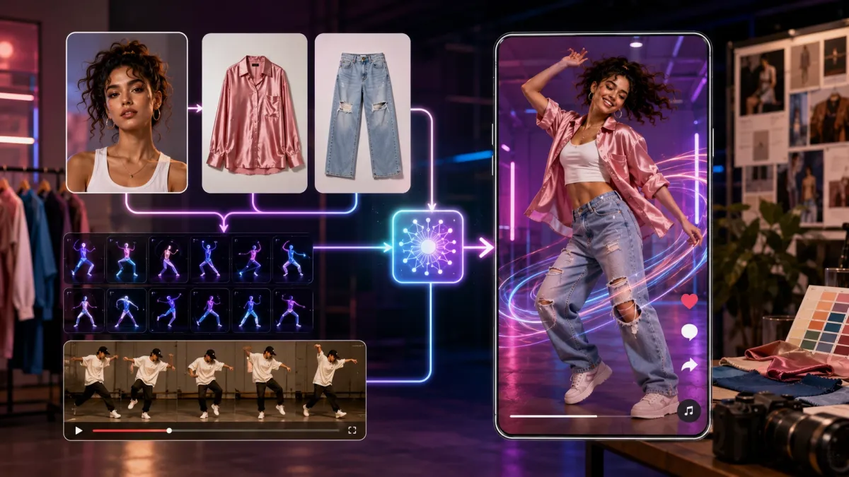 Fashion Beat workflow: model photo plus two apparel product images plus dance template and local dance video reference becoming a vertical short-form TikTok fashion ad