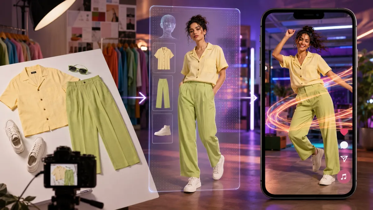 AI fashion video generator hero workflow: apparel product image to AI model try-on to dance video to TikTok and Reels ad creative on smartphone