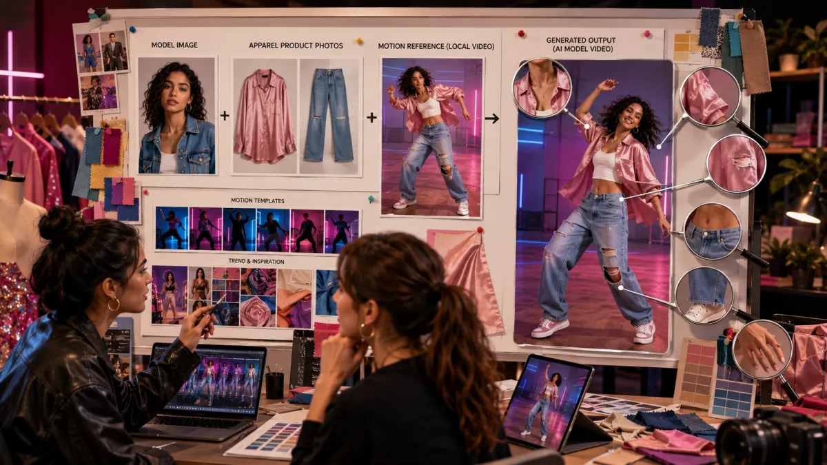 AI fashion video input checklist and QA: model image, apparel product photos, motion reference local video, and generated output with review callouts for collar, sleeves, logo, hem, hands, and waistline