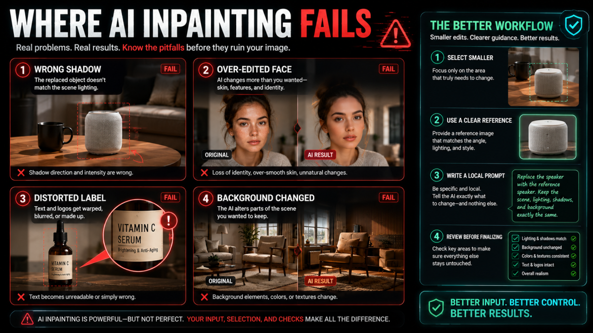 Common AI inpainting failure cases showing a product object pasted into a photo with wrong shadow, an over-edited face, a distorted logo, a changed background, and a corrected workflow using smaller selections, clearer reference images, and review checks