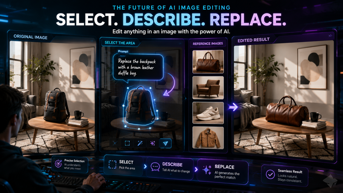 Select describe replace AI image editing workflow showing a user uploading one photo, selecting a specific object area, adding a local prompt and reference image, then preserving the rest of the photo for ecommerce, social, fashion, and interior design use cases