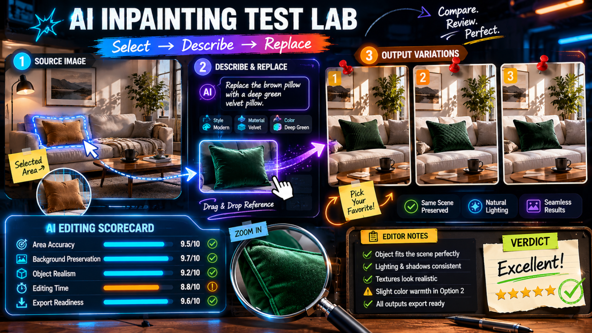 AI image area editing review lens showing one source photo, a selected object mask, a reference image, three generated variations, and a scorecard for area accuracy, background preservation, object realism, editing time, and export readiness
