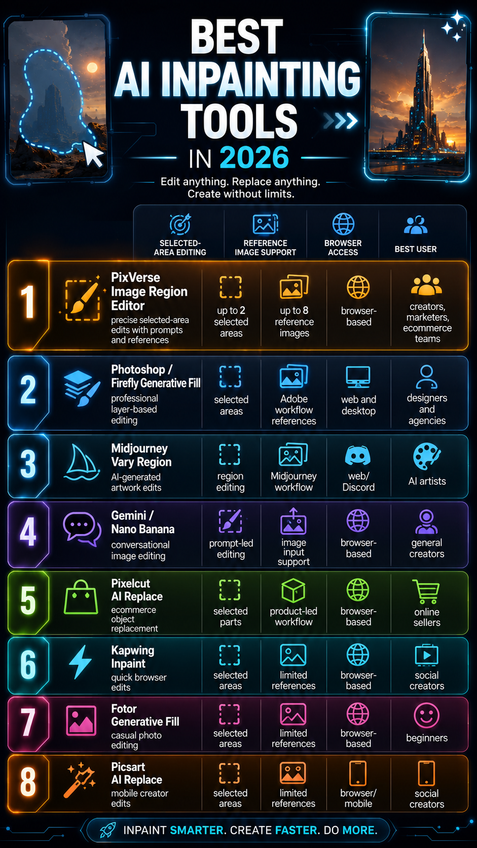 9:16 quick comparison chart of the best AI tools to edit specific areas of an image, including Image Region Editor, Adobe Photoshop Generative Fill, Midjourney Vary Region, Gemini and Nano Banana, Pixelcut AI Replace, Kapwing Inpaint, Fotor Generative Fill, and Picsart AI Replace, with columns for best use case, selected area editing, reference image support, browser access, and best user