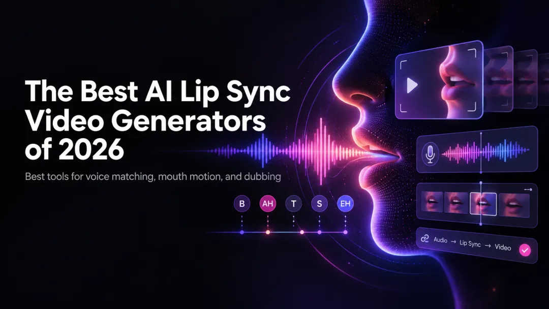 Capa de geradores de vídeo com lip sync por IA de 2026 com animação de boca, forma de onda de fala e controles de vídeo