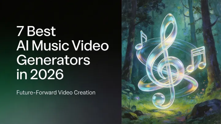 Cover zu 7 Beste KI-Musikvideo-Generatoren 2026 mit leuchtendem Violinschlüssel in einem verzauberten Wald und dem Untertitel Future-Forward Video Creation
