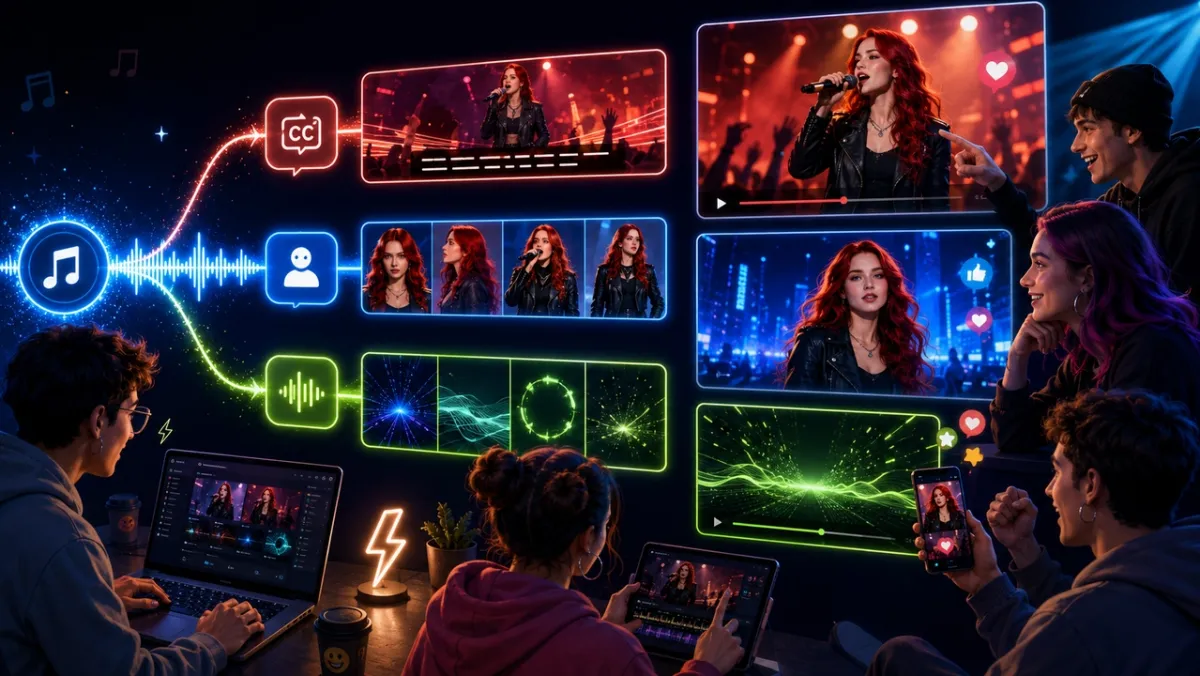AI music video generator hero workflow: creators collaborate on beat-synced visuals, lyric captions, character tracking, and audio-reactive effects across laptop, tablet, and phone