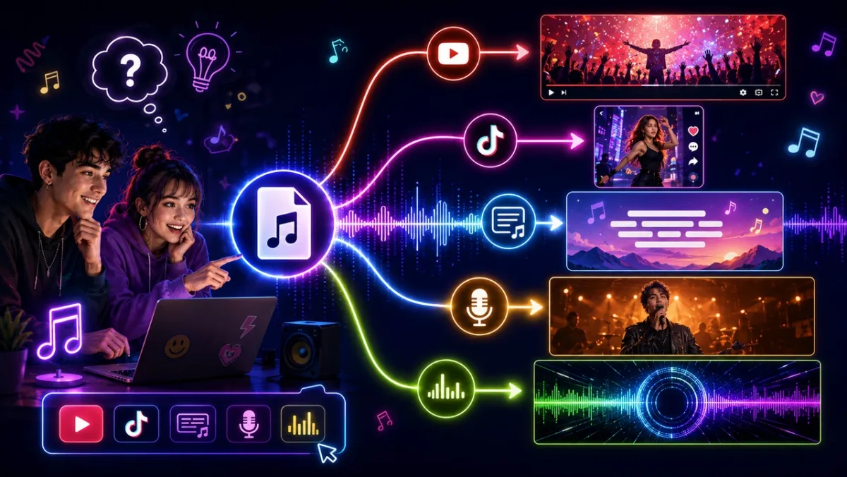 One music file branching into YouTube, TikTok, lyric video, performance, and audio-visualizer outputs for multi-platform music video distribution