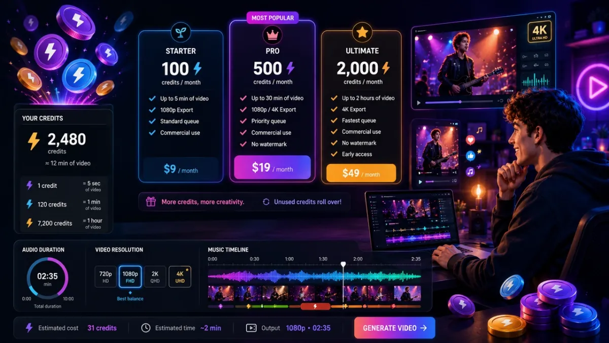 AI music video generator pricing and credits dashboard: subscription tiers, credit balance, resolution options, and estimated generation cost for a 2:35 audio track