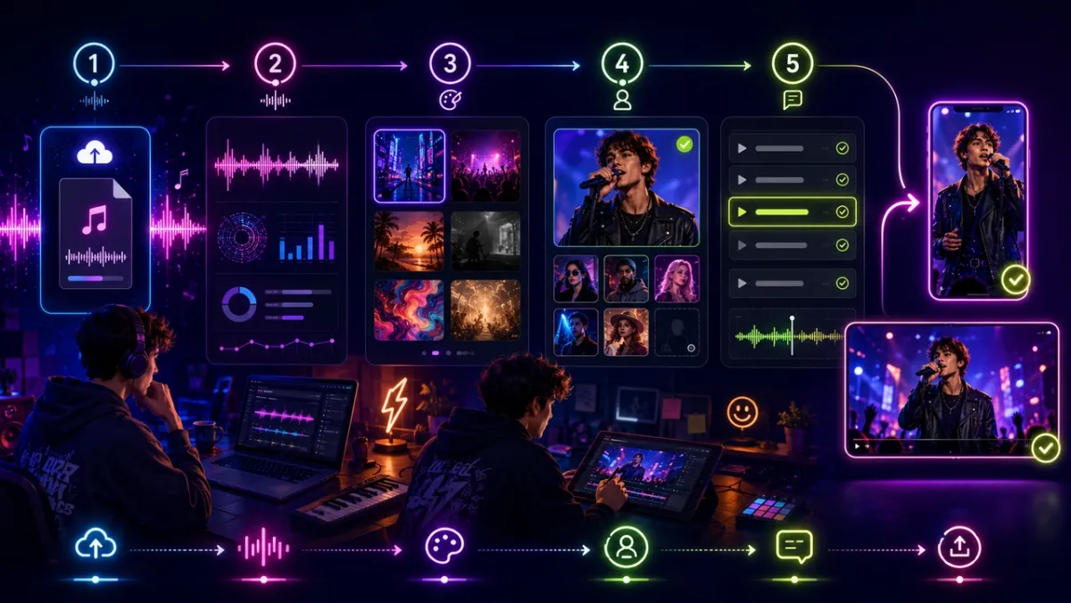 Five-step AI music video workflow: upload audio, process waveforms, choose visual assets, select a character performer, then export for phone and tablet