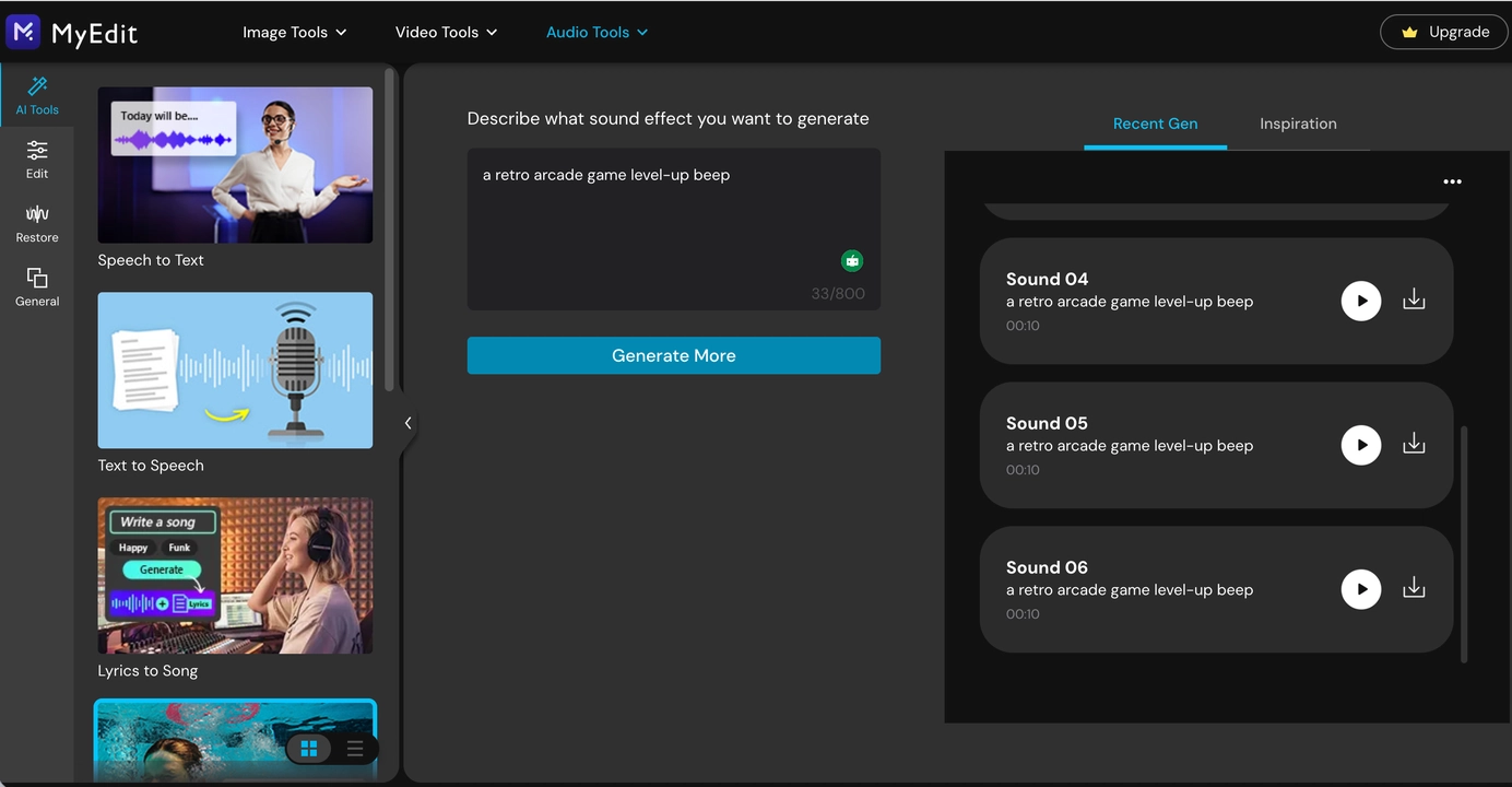 MyEdit AI sound effect generator