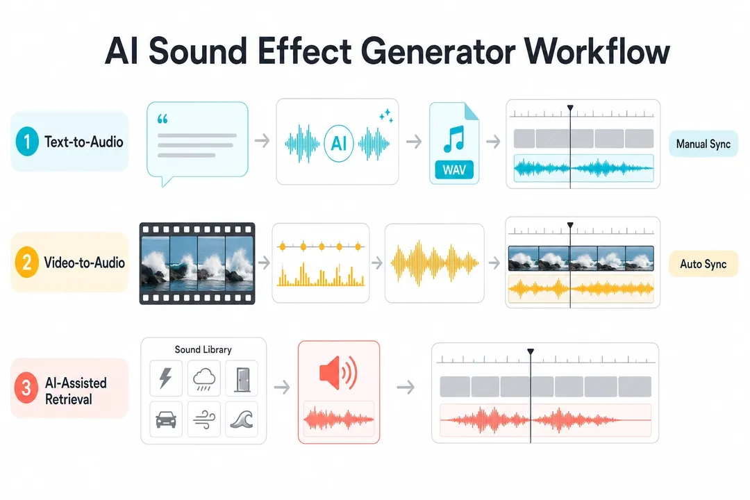 AI sound effect generator workflow: text-to-audio, video-to-audio, and AI-assisted retrieval