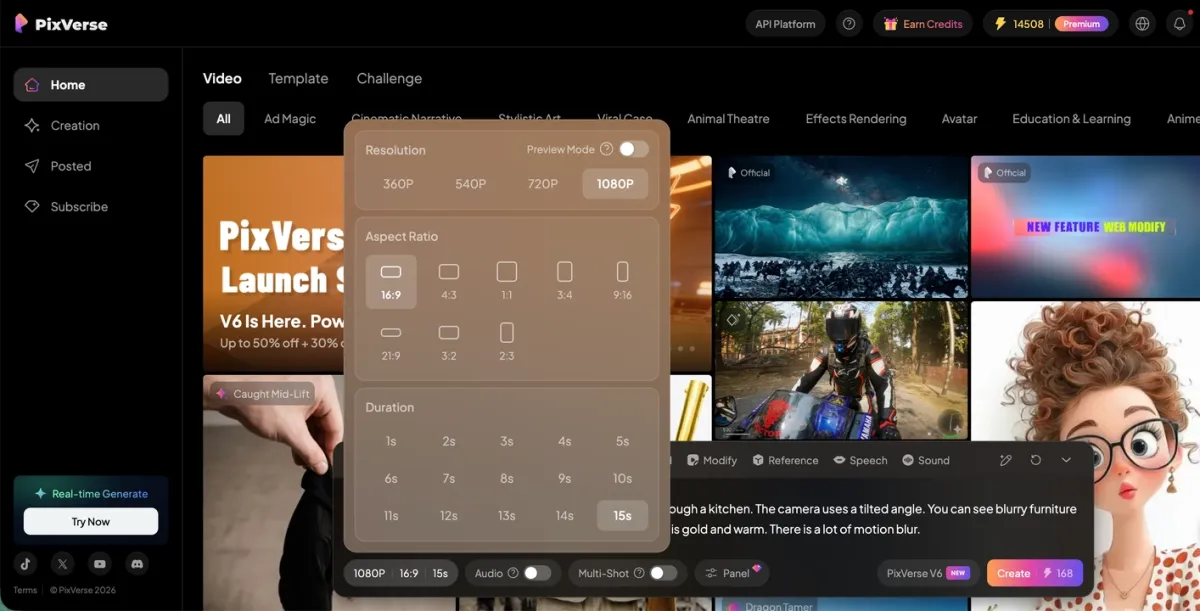 Настройки создания PixVerse V6: разрешение, соотношение сторон и длительность