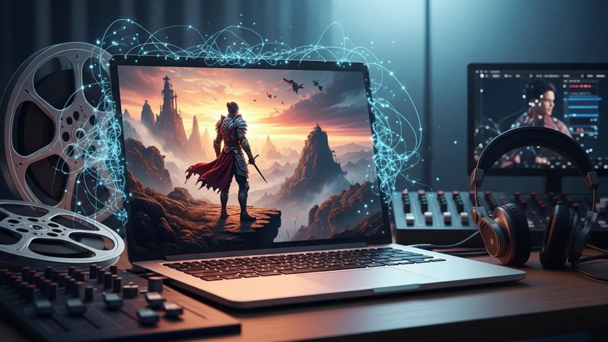 Editing desk with laptop showing a cinematic fantasy scene, vintage film reels, headphones, and glowing blue digital trails linking traditional and AI video production.