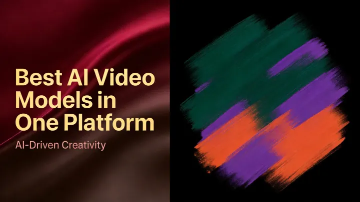 Cover: Best AI Video Models in One Platform Überschrift auf dunkelrotem Seidenpanel mit dem Untertitel AI-Driven Creativity, daneben grüne, lila und orangefarbene Pinselstrichakzente auf schwarzem Hintergrund