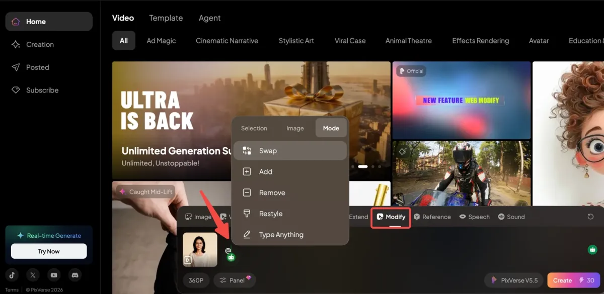 PixVerse Modify com modos incluindo Type Anything