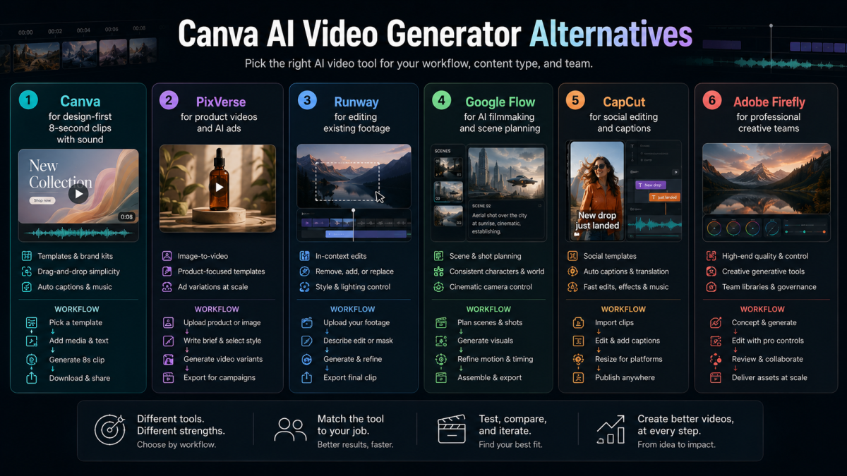 Canva AI video generator alternatives decision map showing Canva for design-first 8-second clips with sound, PixVerse for original video generation, image-to-video, templates, and scalable workflows, Runway for editing existing footage, Google Flow for AI filmmaking and agentic scene planning, CapCut for social editing and captions, and Adobe Firefly for professional creative teams