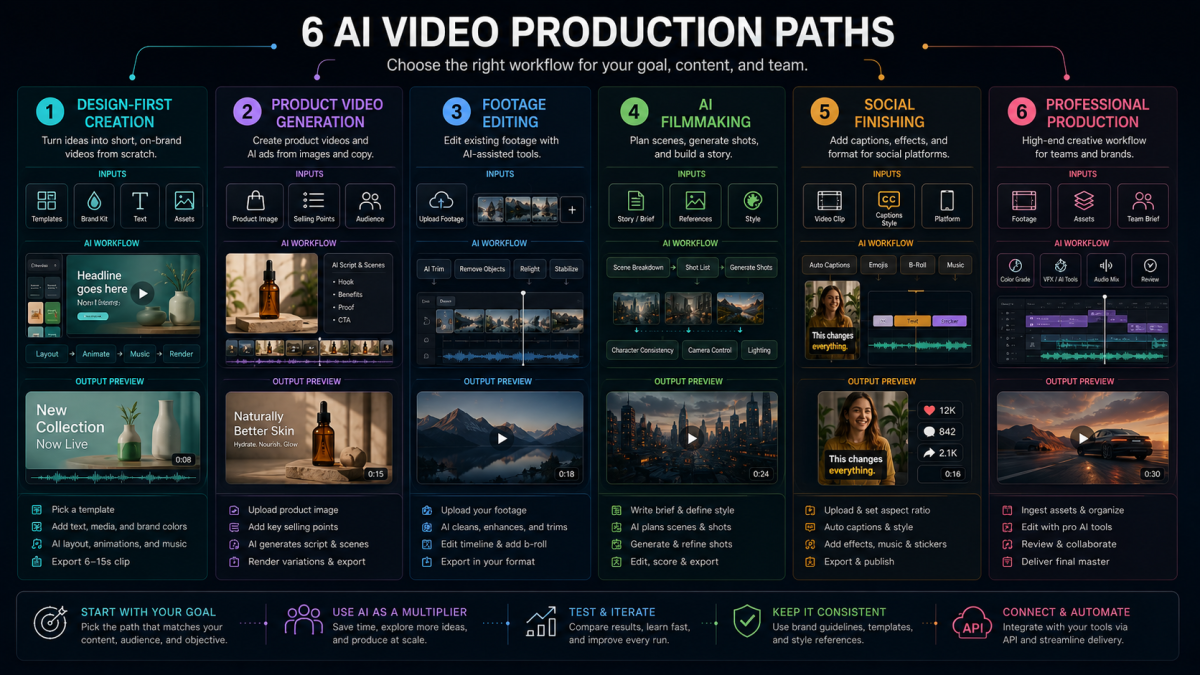 Canva AI video generator alternatives tool landscape with six workflow lanes: design-first creation, original video generation, footage editing, AI filmmaking, social finishing, and professional creative production