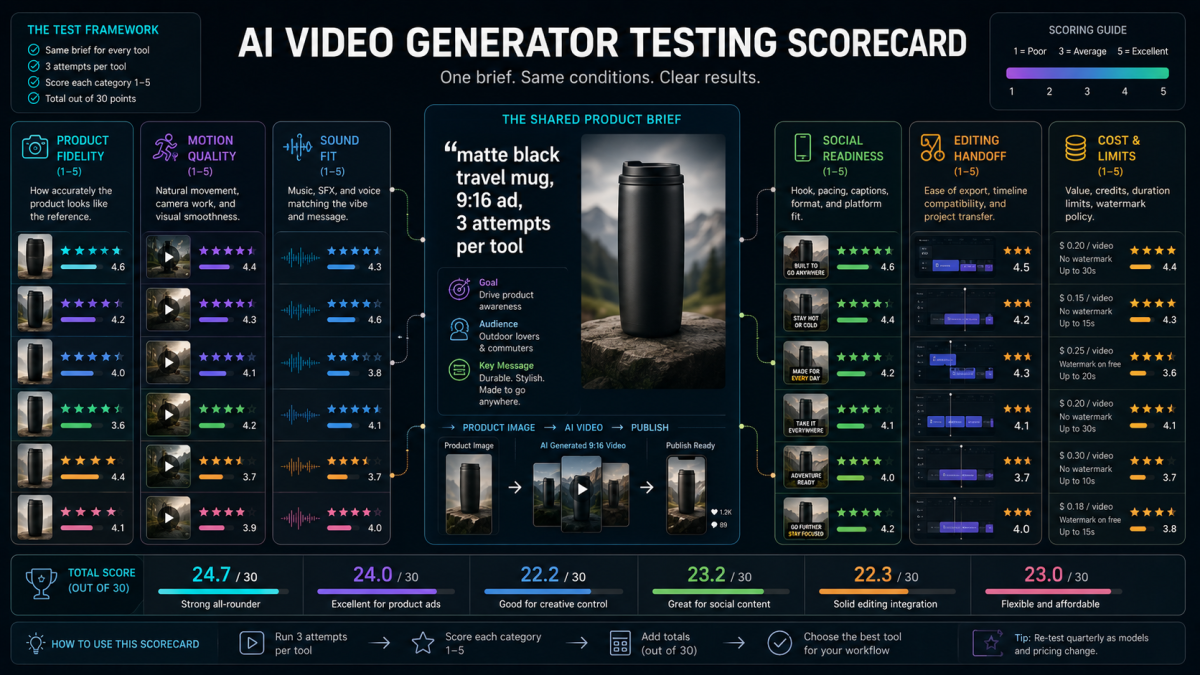 Good and failed AI video use cases matrix showing pitch deck opener, creator series hook, TikTok variant test, existing footage edit, AI filmmaking scene, product demo, and professional brand pipeline, with failure warnings for visual drift, low generation volume, over-editing, and missing review