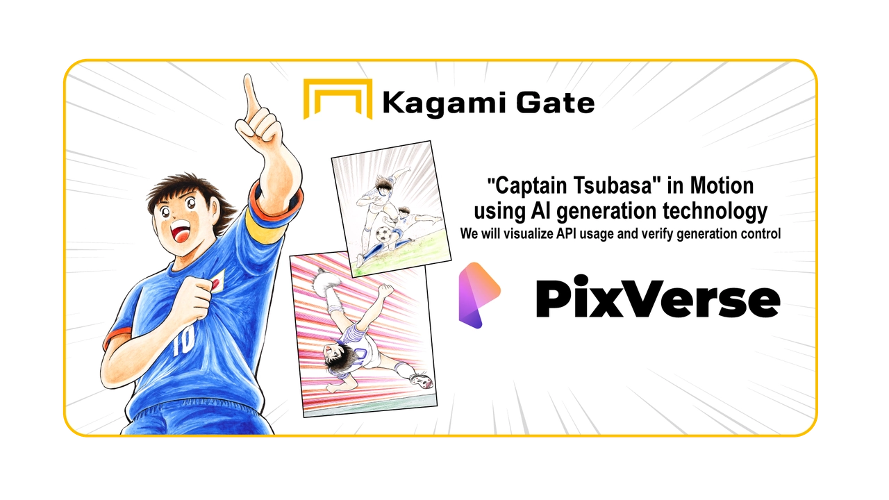 Sepanduk Kagami Gate, Captain Tsubasa, dan PixVerse: Captain Tsubasa bergerak menggunakan teknologi penjanaan AI