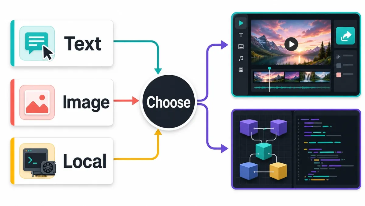 Itinéraire de choix du générateur vidéo AI gratuit montrant les chemins de contrôle local du texte, de l'image et vers les flux de travail en ligne et open source