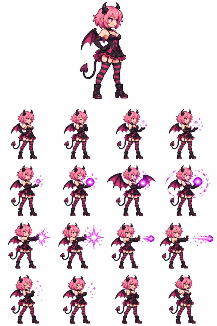 Planche de personnage en pixel art d’une héroïne diabolique aux cheveux roses avec une animation de sort en 16 images
