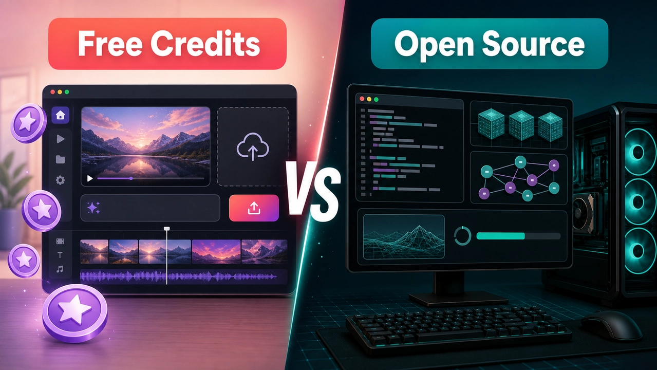 Perbandingan kredit gratis vs generator video AI open source yang menunjukkan alur kerja kreasi terhosting di samping penyiapan model lokal