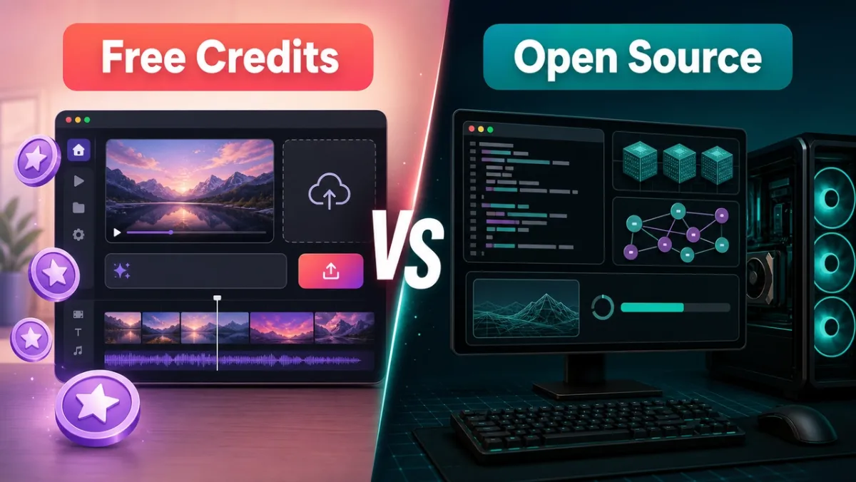 Comparaison des crédits gratuits et du générateur vidéo IA open source montrant le flux de travail de création hébergé à côté de la configuration du modèle local
