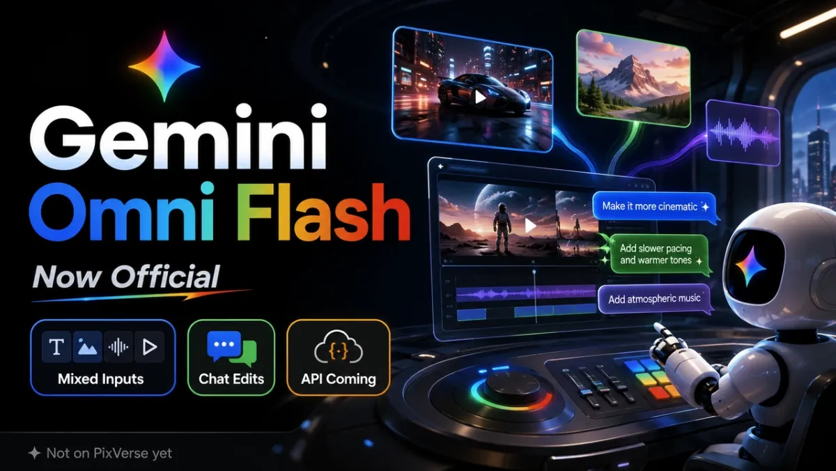 Gemini Omni Flash review infographic showing Google I/O 2026 AI video model launch, mixed inputs, chat editing, and API coming