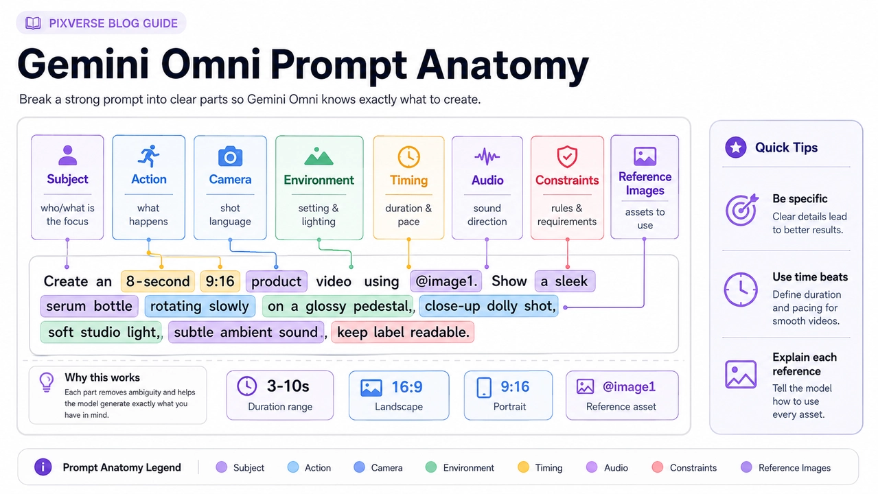 Gemini Omni Flash подсказка по анатомии, показывающая объект, действие, камеру, окружающую среду, время, звук, ограничения и эталонные изображения.