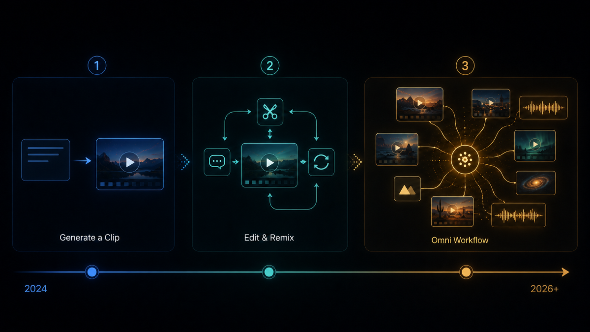 Dreistufige horizontale Zeitachse links nach rechts: Stufe 1 Blau (2024) Prompt zu einem Clip, Stufe 2 Teal Edit-Remix-Hub, Stufe 3 Gold (2026+) Omni-Hub mit Video-, Bild- und Audio-Knoten — Evolution des KI-Video-Workflows Richtung Gemini-ähnliches Omni.