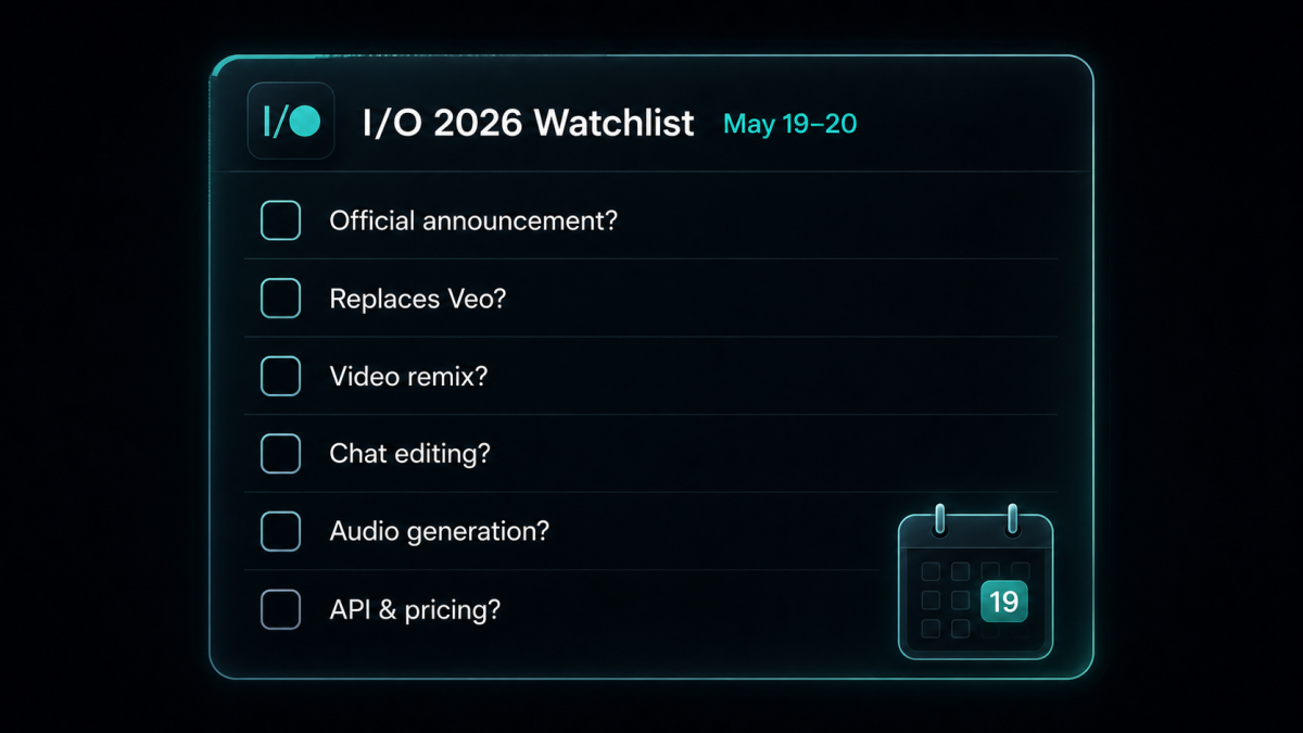Oben ausgerichtete Kopfzeile plus Checklistenkörper in frostiger Cyan-Karte: Titel „I/O 2026 Watchlist“ mit Datums-Badge 19.–20. Mai, sechs Zeilen mit leeren Checkboxen links und kurzen Fragen rechts, Kalender unten rechts mit hervorgehobenem 19. — Watchlist-Grafik zu Google I/O und Gemini Omni.