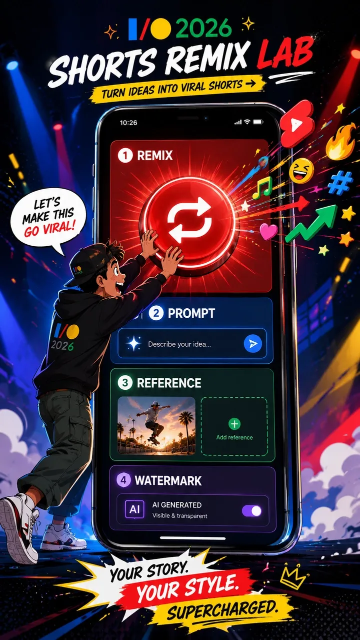 Google I/O 2026의 YouTube Shorts Remix Lab: remix 버튼, AI 프롬프트, 참고 이미지, 바이럴 Shorts 제작을 위한 AI 생성 워터마크 워크플로