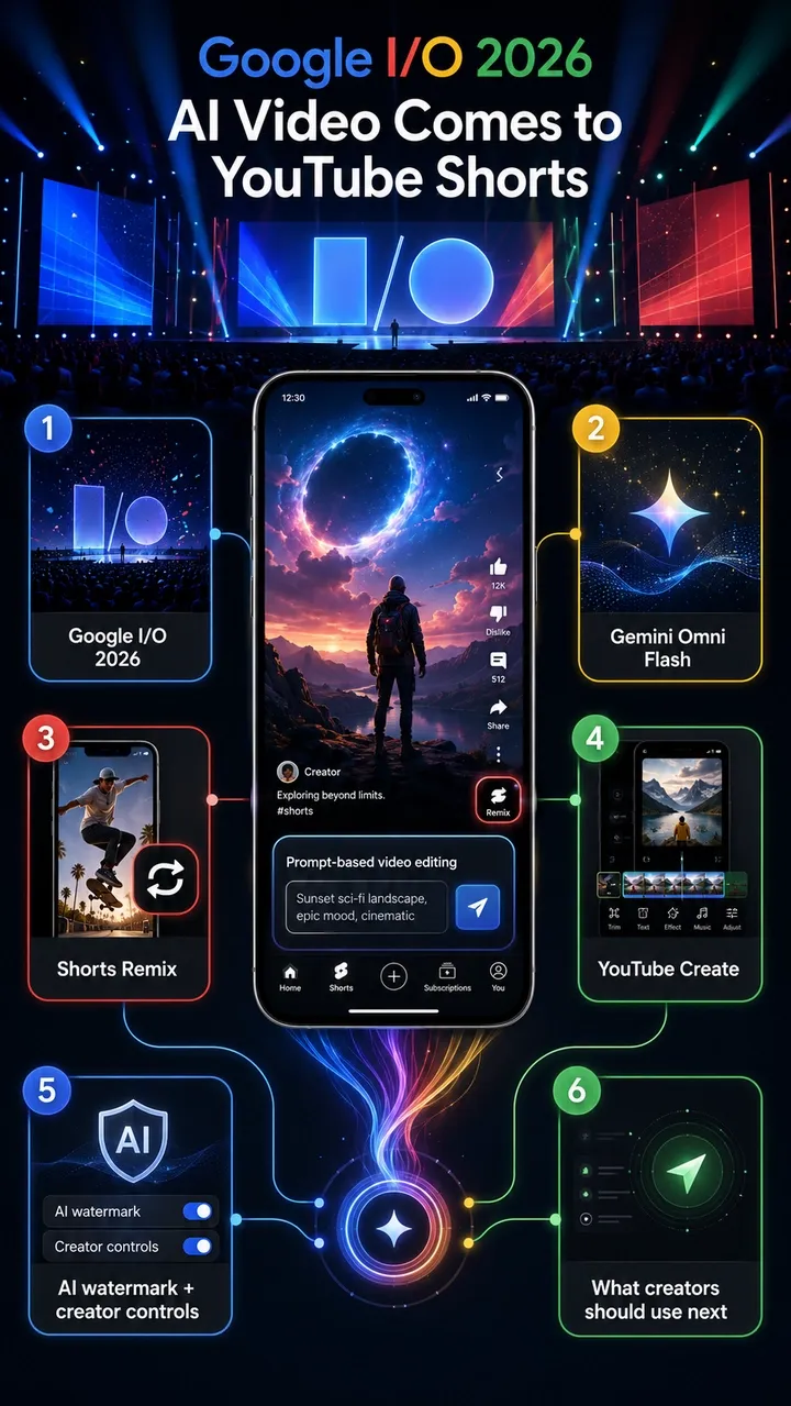 Google I/O 2026 인포그래픽: Gemini Omni Flash AI 비디오가 YouTube Shorts Remix와 YouTube Create에 들어가며 프롬프트 기반 편집, Shorts remix, AI 워터마크, 크리에이터 컨트롤을 보여줌