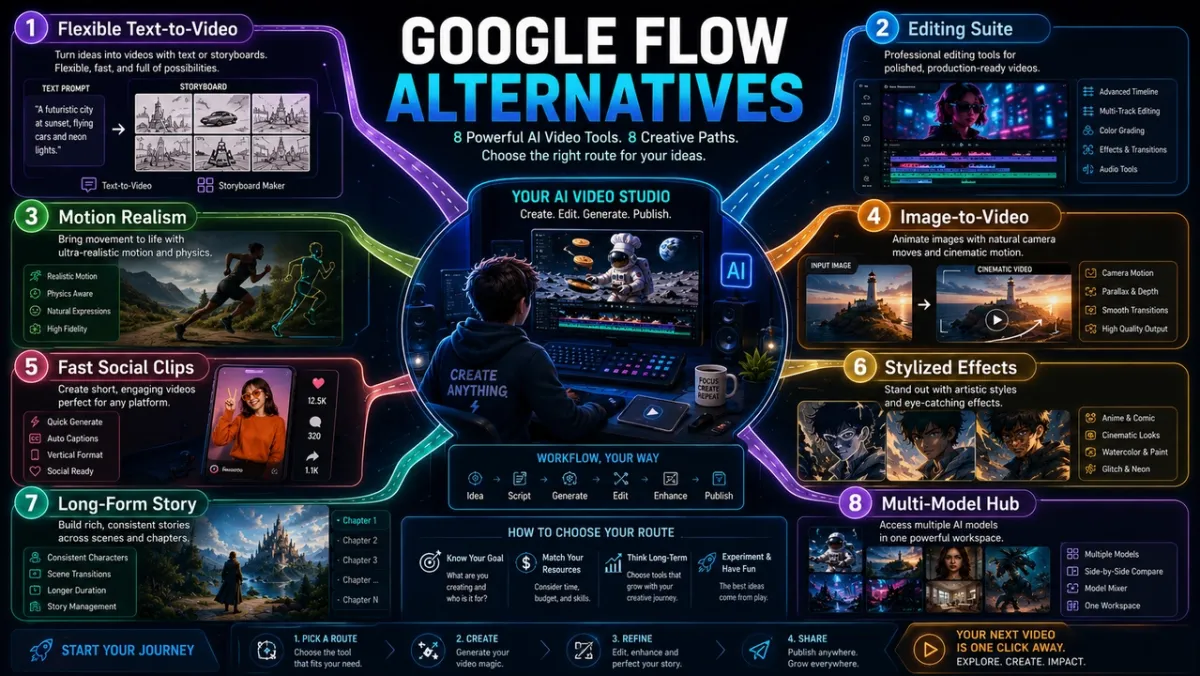 Google Flow 대안 비교 맵: 텍스트-투-비디오, 편집, 모션, 이미지-투-비디오, 소셜 클립, 스타일 효과, 롱폼 스토리, 멀티 모델 8가지 경로