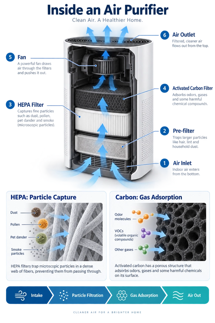 Air purifier cutaway infographic showing filters and airflow